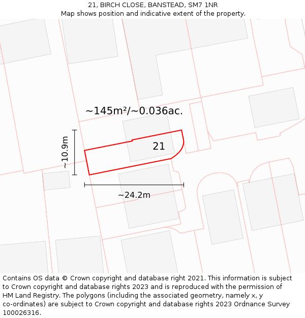 21, BIRCH CLOSE, BANSTEAD, SM7 1NR: Plot and title map