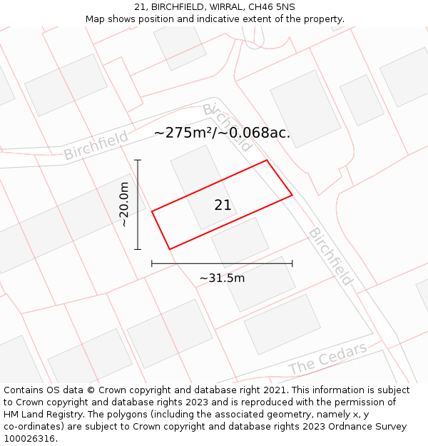 21, BIRCHFIELD, WIRRAL, CH46 5NS: Plot and title map