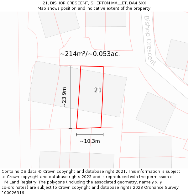 21, BISHOP CRESCENT, SHEPTON MALLET, BA4 5XX: Plot and title map