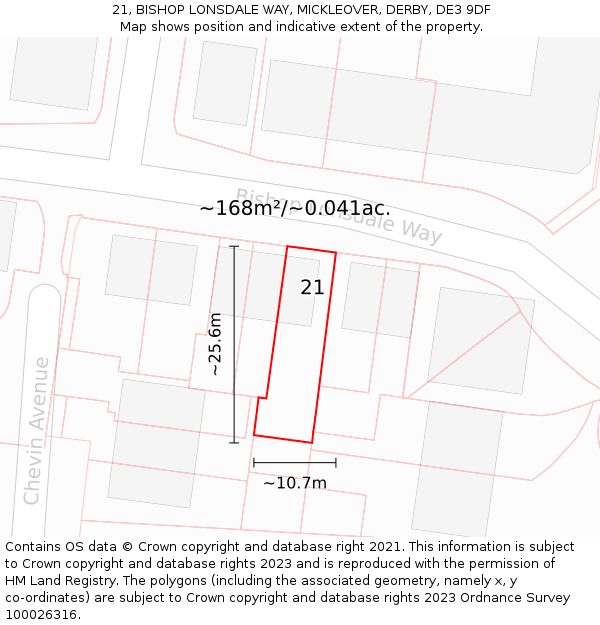 21, BISHOP LONSDALE WAY, MICKLEOVER, DERBY, DE3 9DF: Plot and title map