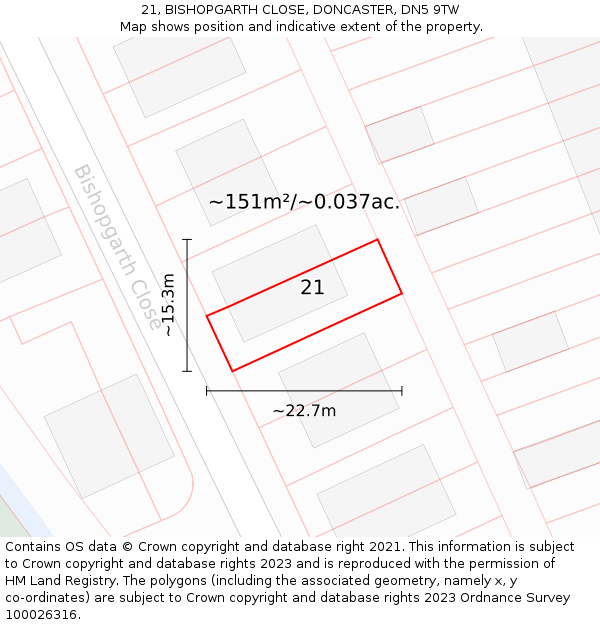 21, BISHOPGARTH CLOSE, DONCASTER, DN5 9TW: Plot and title map