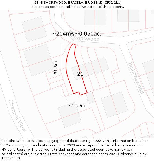 21, BISHOPSWOOD, BRACKLA, BRIDGEND, CF31 2LU: Plot and title map