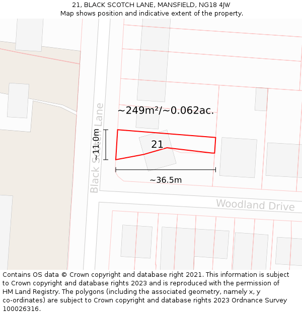21, BLACK SCOTCH LANE, MANSFIELD, NG18 4JW: Plot and title map