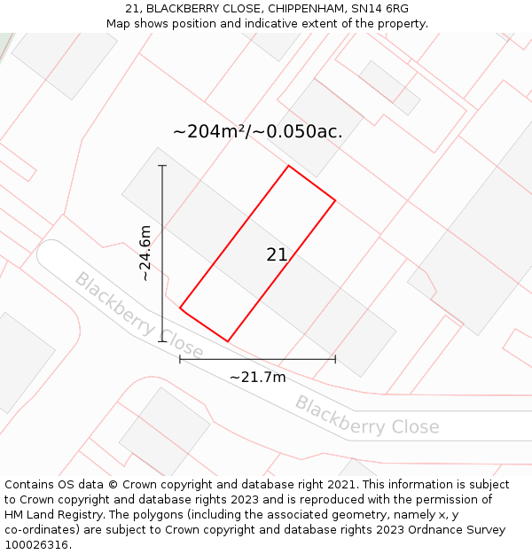 21, BLACKBERRY CLOSE, CHIPPENHAM, SN14 6RG: Plot and title map