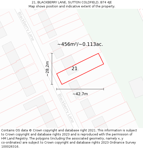 21, BLACKBERRY LANE, SUTTON COLDFIELD, B74 4JE: Plot and title map
