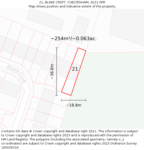 21, BLAKE CROFT, CHELTENHAM, GL51 0PR: Plot and title map