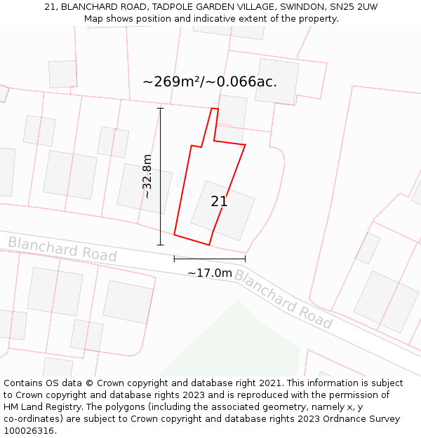 21, BLANCHARD ROAD, TADPOLE GARDEN VILLAGE, SWINDON, SN25 2UW: Plot and title map