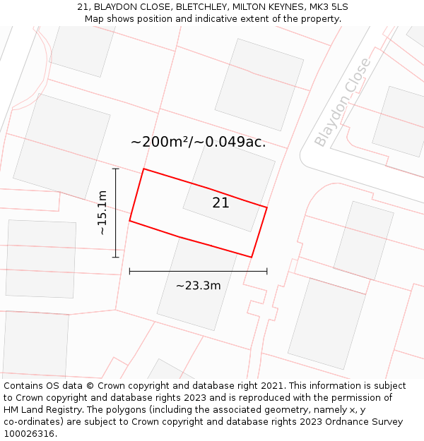 21, BLAYDON CLOSE, BLETCHLEY, MILTON KEYNES, MK3 5LS: Plot and title map