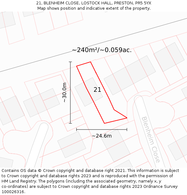 21, BLENHEIM CLOSE, LOSTOCK HALL, PRESTON, PR5 5YX: Plot and title map