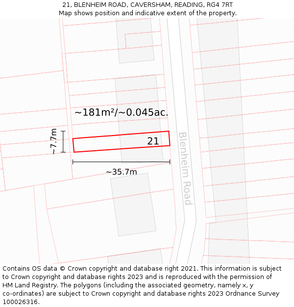 21, BLENHEIM ROAD, CAVERSHAM, READING, RG4 7RT: Plot and title map