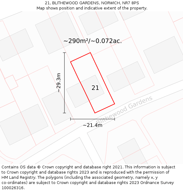 21, BLITHEWOOD GARDENS, NORWICH, NR7 8PS: Plot and title map