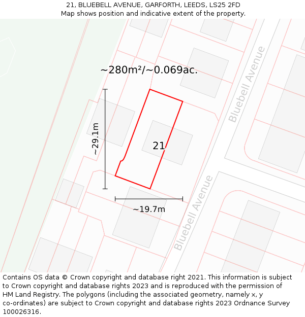21, BLUEBELL AVENUE, GARFORTH, LEEDS, LS25 2FD: Plot and title map