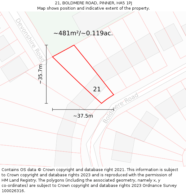 21, BOLDMERE ROAD, PINNER, HA5 1PJ: Plot and title map