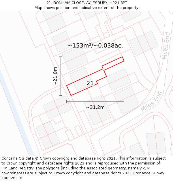 21, BONHAM CLOSE, AYLESBURY, HP21 8PT: Plot and title map