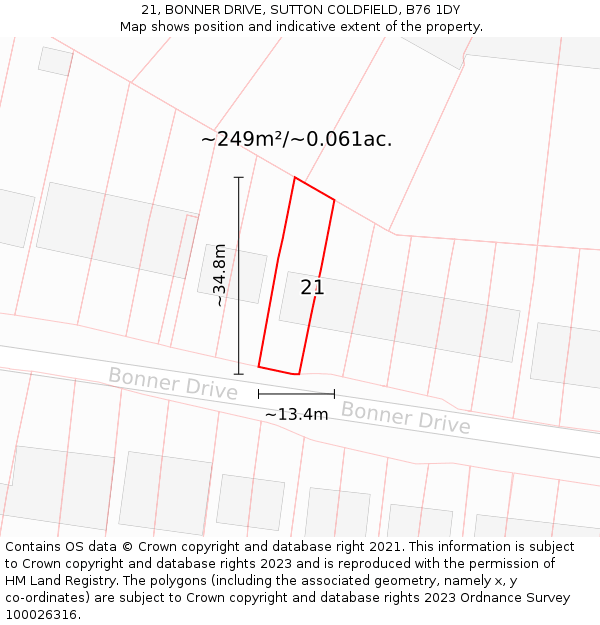 21, BONNER DRIVE, SUTTON COLDFIELD, B76 1DY: Plot and title map