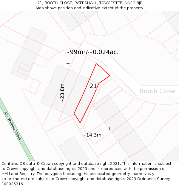 21, BOOTH CLOSE, PATTISHALL, TOWCESTER, NN12 8JP: Plot and title map