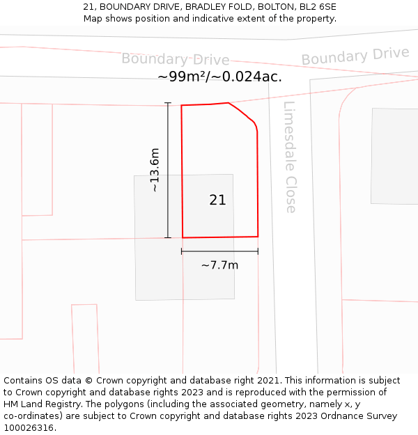 21, BOUNDARY DRIVE, BRADLEY FOLD, BOLTON, BL2 6SE: Plot and title map