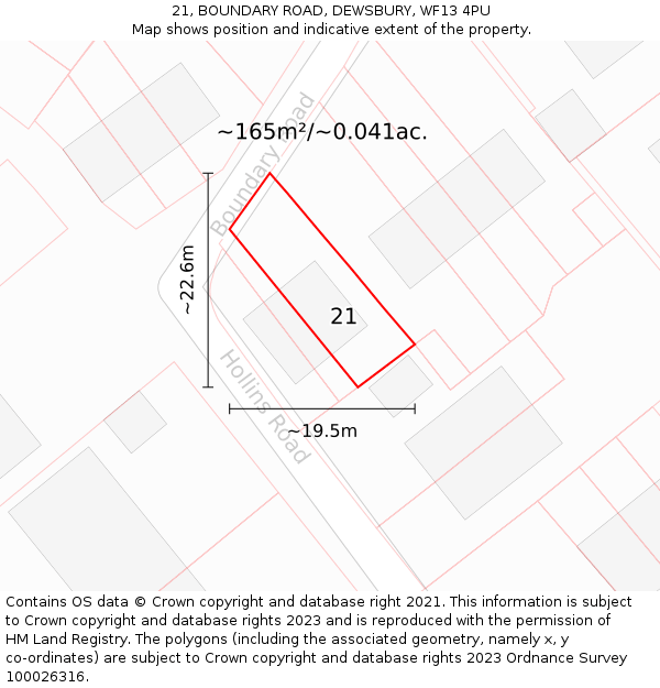 21, BOUNDARY ROAD, DEWSBURY, WF13 4PU: Plot and title map