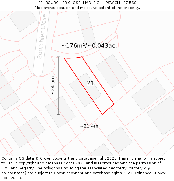 21, BOURCHIER CLOSE, HADLEIGH, IPSWICH, IP7 5SS: Plot and title map