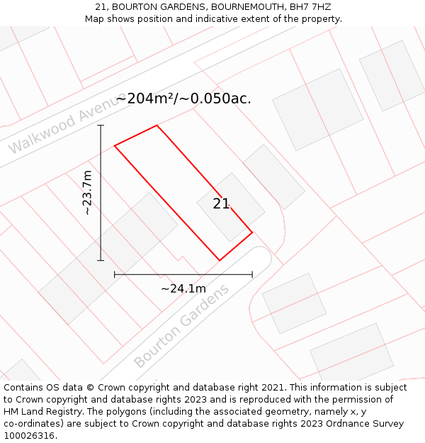 21, BOURTON GARDENS, BOURNEMOUTH, BH7 7HZ: Plot and title map