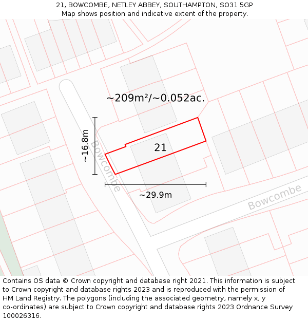21, BOWCOMBE, NETLEY ABBEY, SOUTHAMPTON, SO31 5GP: Plot and title map