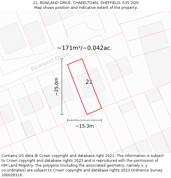 21, BOWLAND DRIVE, CHAPELTOWN, SHEFFIELD, S35 2QN: Plot and title map