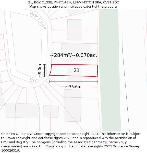 21, BOX CLOSE, WHITNASH, LEAMINGTON SPA, CV31 2QD: Plot and title map
