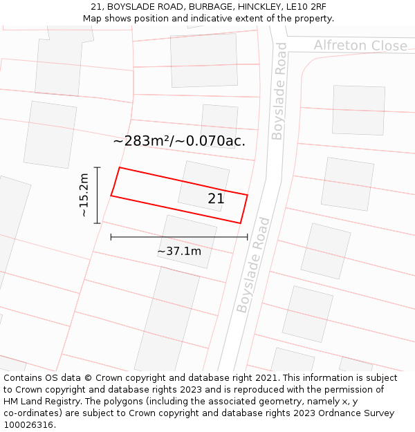 21, BOYSLADE ROAD, BURBAGE, HINCKLEY, LE10 2RF: Plot and title map