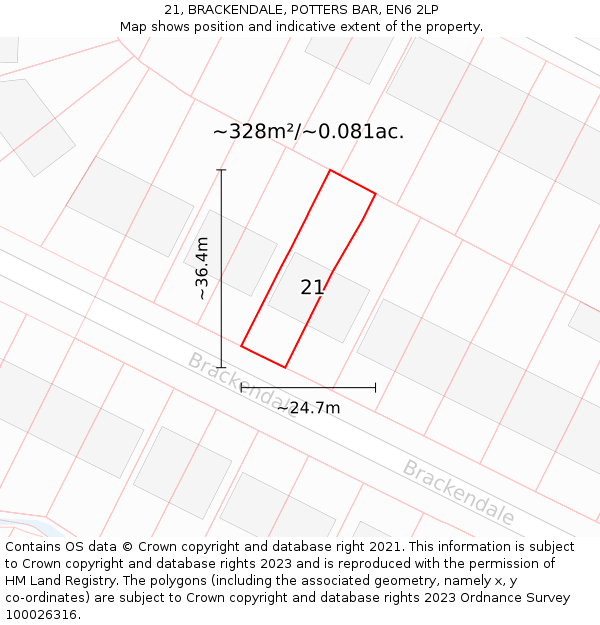 21, BRACKENDALE, POTTERS BAR, EN6 2LP: Plot and title map