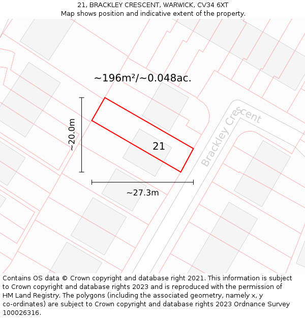 21, BRACKLEY CRESCENT, WARWICK, CV34 6XT: Plot and title map