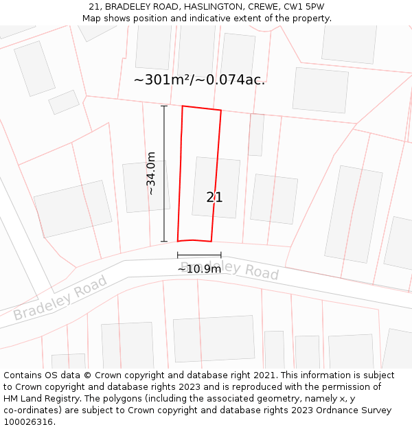 21, BRADELEY ROAD, HASLINGTON, CREWE, CW1 5PW: Plot and title map