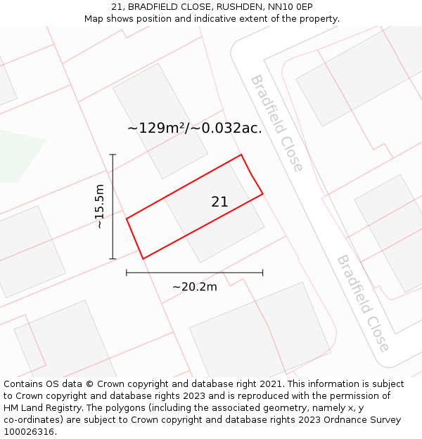 21, BRADFIELD CLOSE, RUSHDEN, NN10 0EP: Plot and title map