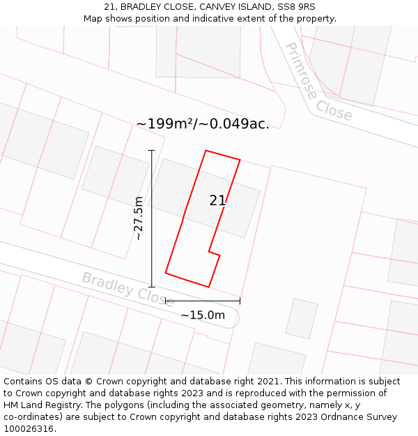 21, BRADLEY CLOSE, CANVEY ISLAND, SS8 9RS: Plot and title map