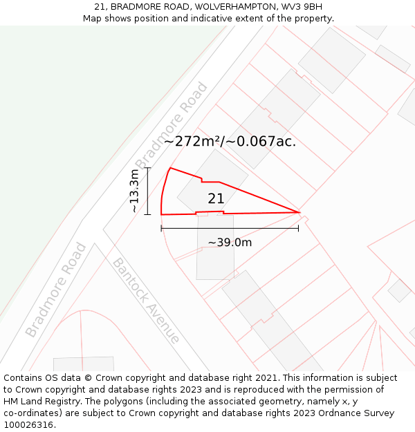 21, BRADMORE ROAD, WOLVERHAMPTON, WV3 9BH: Plot and title map
