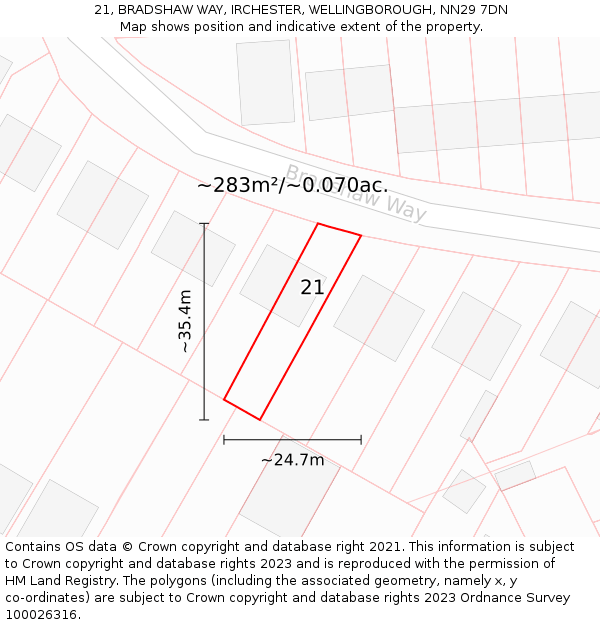 21, BRADSHAW WAY, IRCHESTER, WELLINGBOROUGH, NN29 7DN: Plot and title map