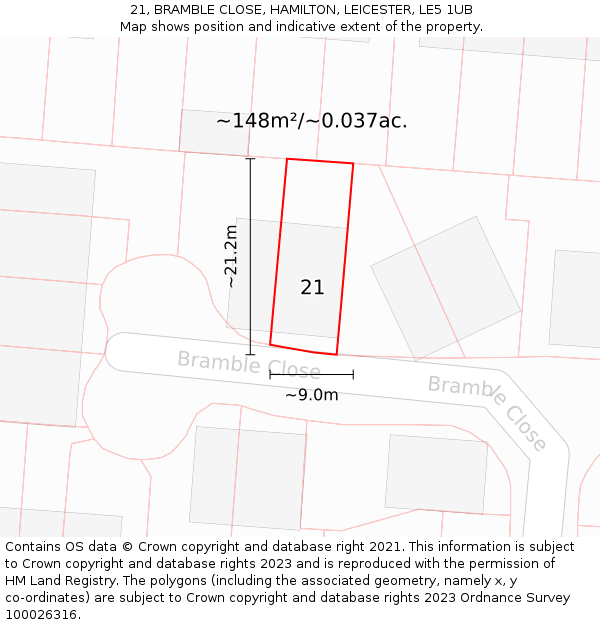 21, BRAMBLE CLOSE, HAMILTON, LEICESTER, LE5 1UB: Plot and title map