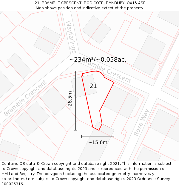 21, BRAMBLE CRESCENT, BODICOTE, BANBURY, OX15 4SF: Plot and title map