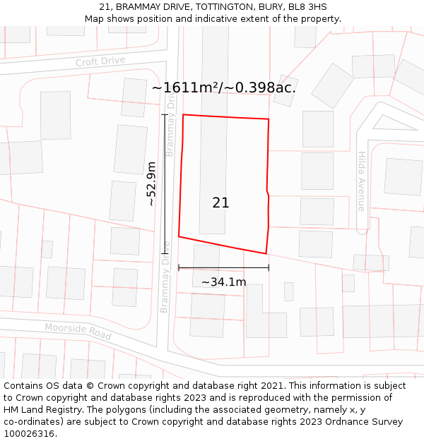 21, BRAMMAY DRIVE, TOTTINGTON, BURY, BL8 3HS: Plot and title map