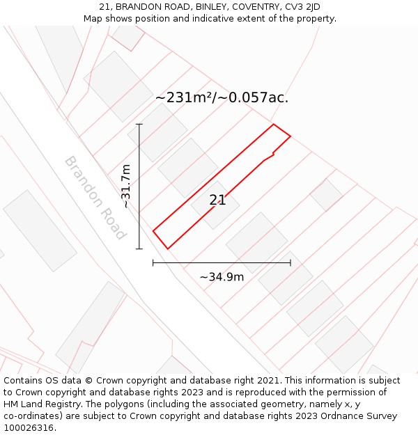 21, BRANDON ROAD, BINLEY, COVENTRY, CV3 2JD: Plot and title map