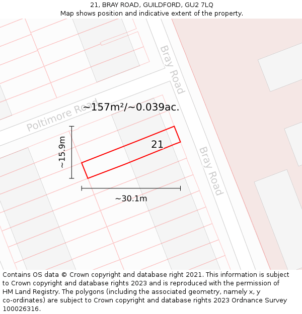 21, BRAY ROAD, GUILDFORD, GU2 7LQ: Plot and title map