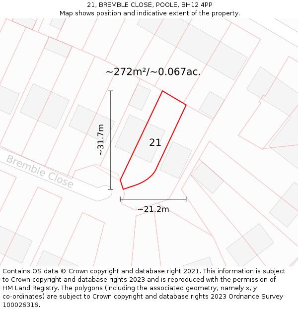 21, BREMBLE CLOSE, POOLE, BH12 4PP: Plot and title map