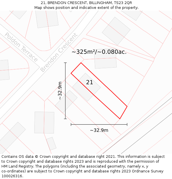 21, BRENDON CRESCENT, BILLINGHAM, TS23 2QR: Plot and title map