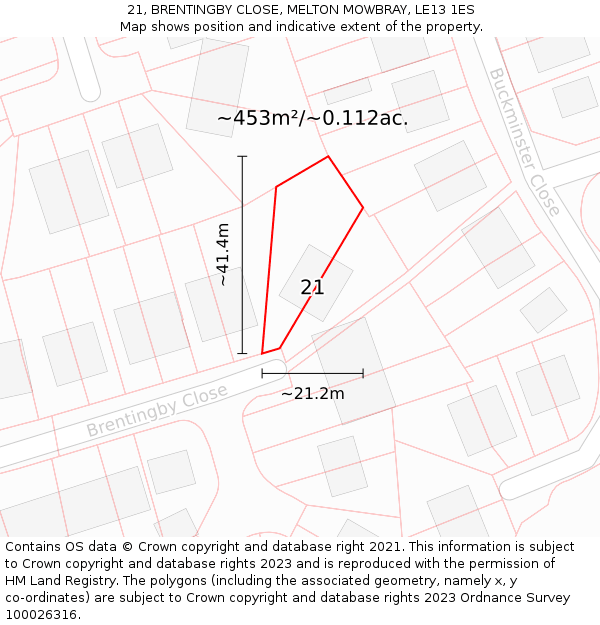 21, BRENTINGBY CLOSE, MELTON MOWBRAY, LE13 1ES: Plot and title map