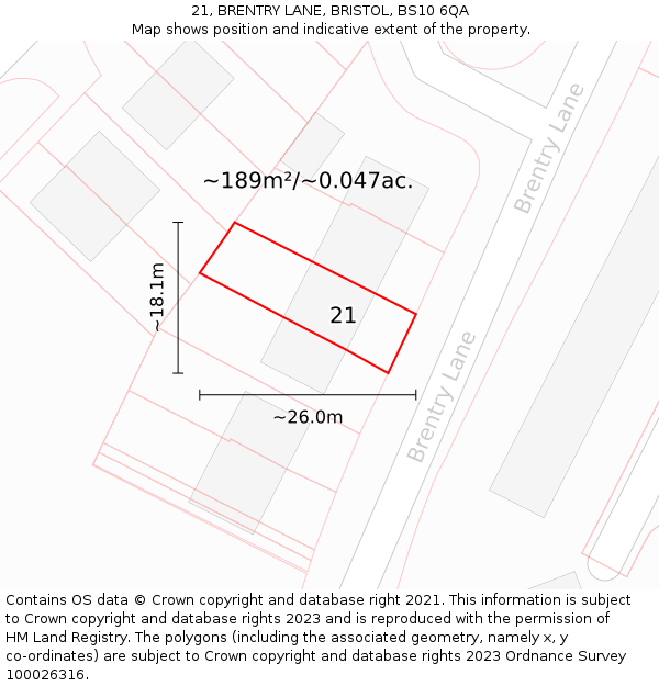 21, BRENTRY LANE, BRISTOL, BS10 6QA: Plot and title map