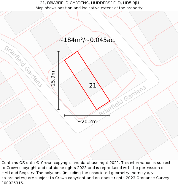 21, BRIARFIELD GARDENS, HUDDERSFIELD, HD5 9JN: Plot and title map