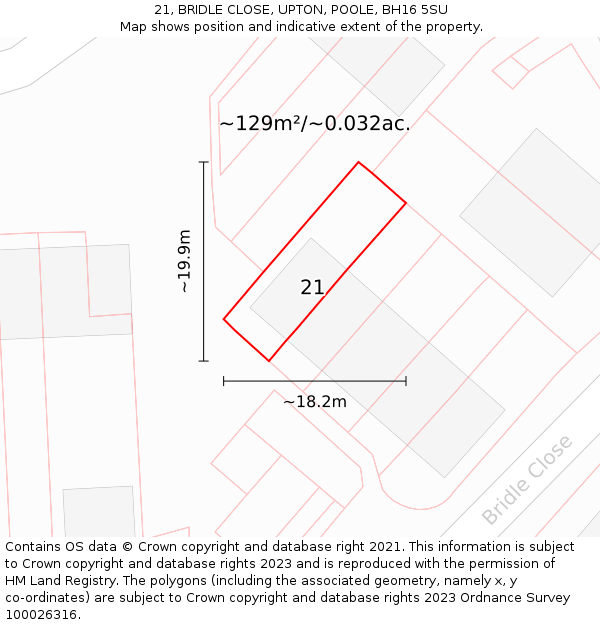 21, BRIDLE CLOSE, UPTON, POOLE, BH16 5SU: Plot and title map
