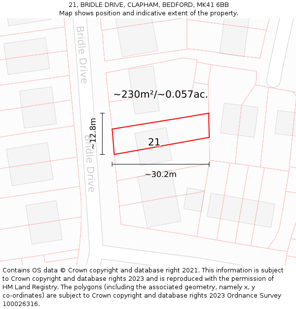21, BRIDLE DRIVE, CLAPHAM, BEDFORD, MK41 6BB: Plot and title map