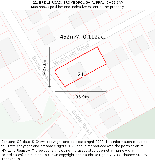 21, BRIDLE ROAD, BROMBOROUGH, WIRRAL, CH62 6AP: Plot and title map