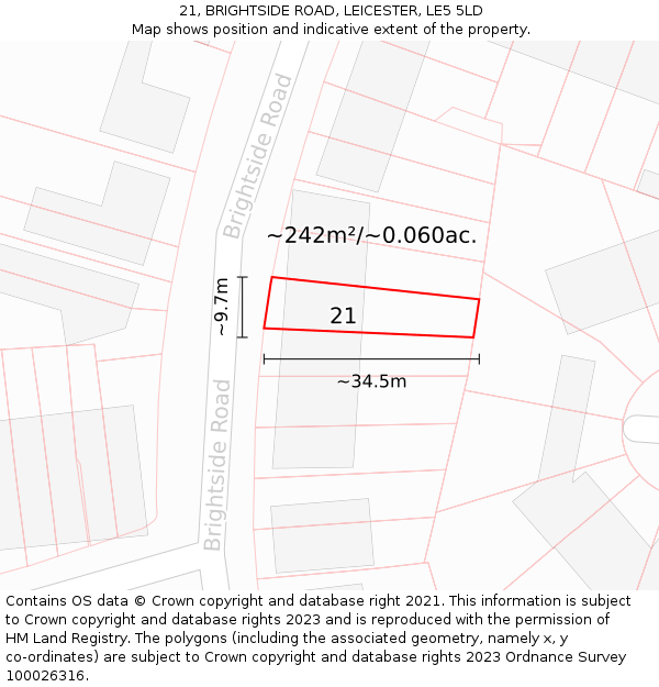 21, BRIGHTSIDE ROAD, LEICESTER, LE5 5LD: Plot and title map