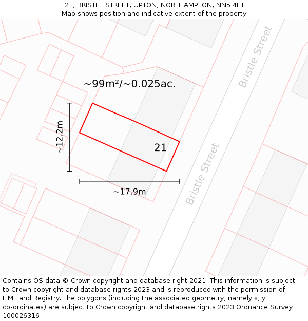 21, BRISTLE STREET, UPTON, NORTHAMPTON, NN5 4ET: Plot and title map
